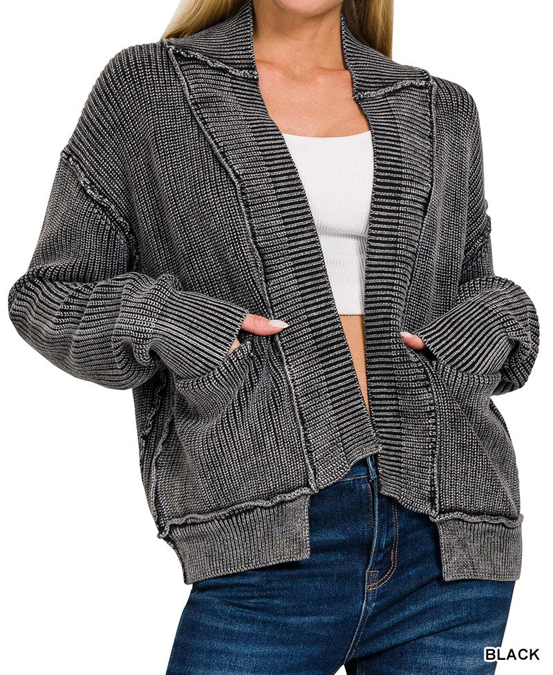 Ribbed Vintage Wash Cardigan- Black