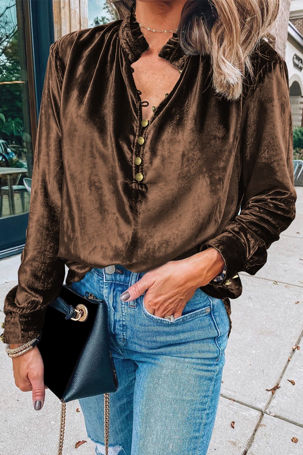 Chocolate Frilled Button Neck Velvet Blouse - Mercantile213