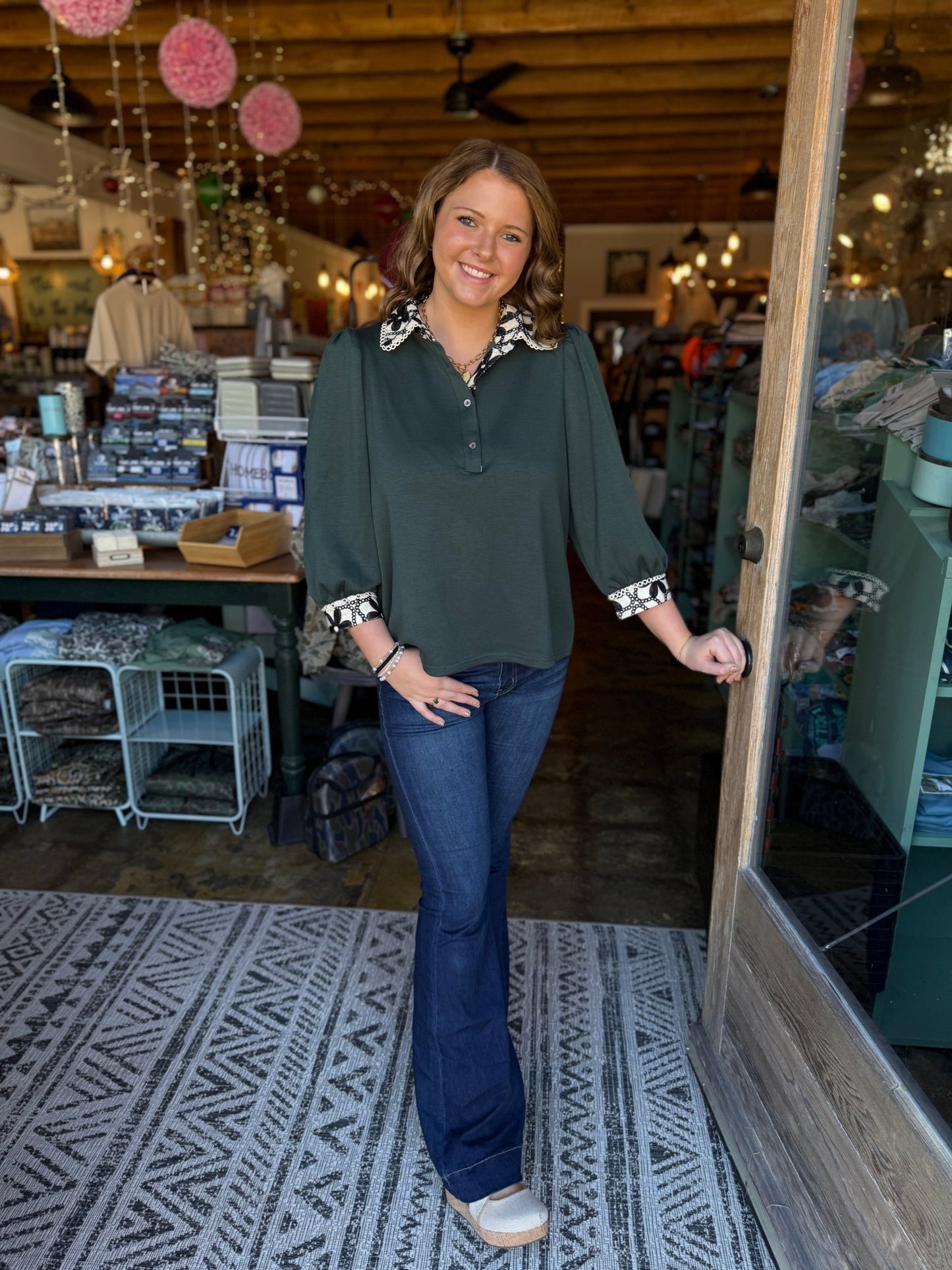 Dk Green Blouse w/Embroidered Collar - Mercantile213