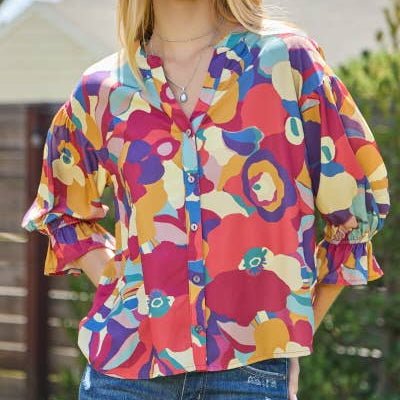 Floral Printed Ruffle Sleeve Blouse - Mercantile213
