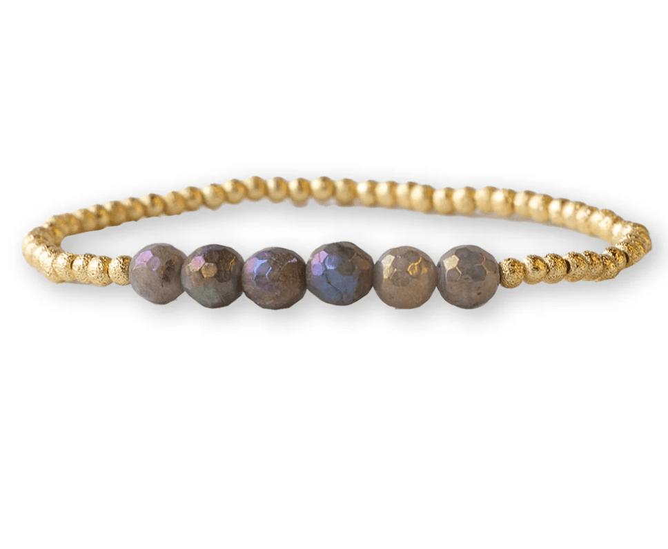 Gilded Gold Beaded Stretch Bracelet - Row, Labradorite - Mercantile213