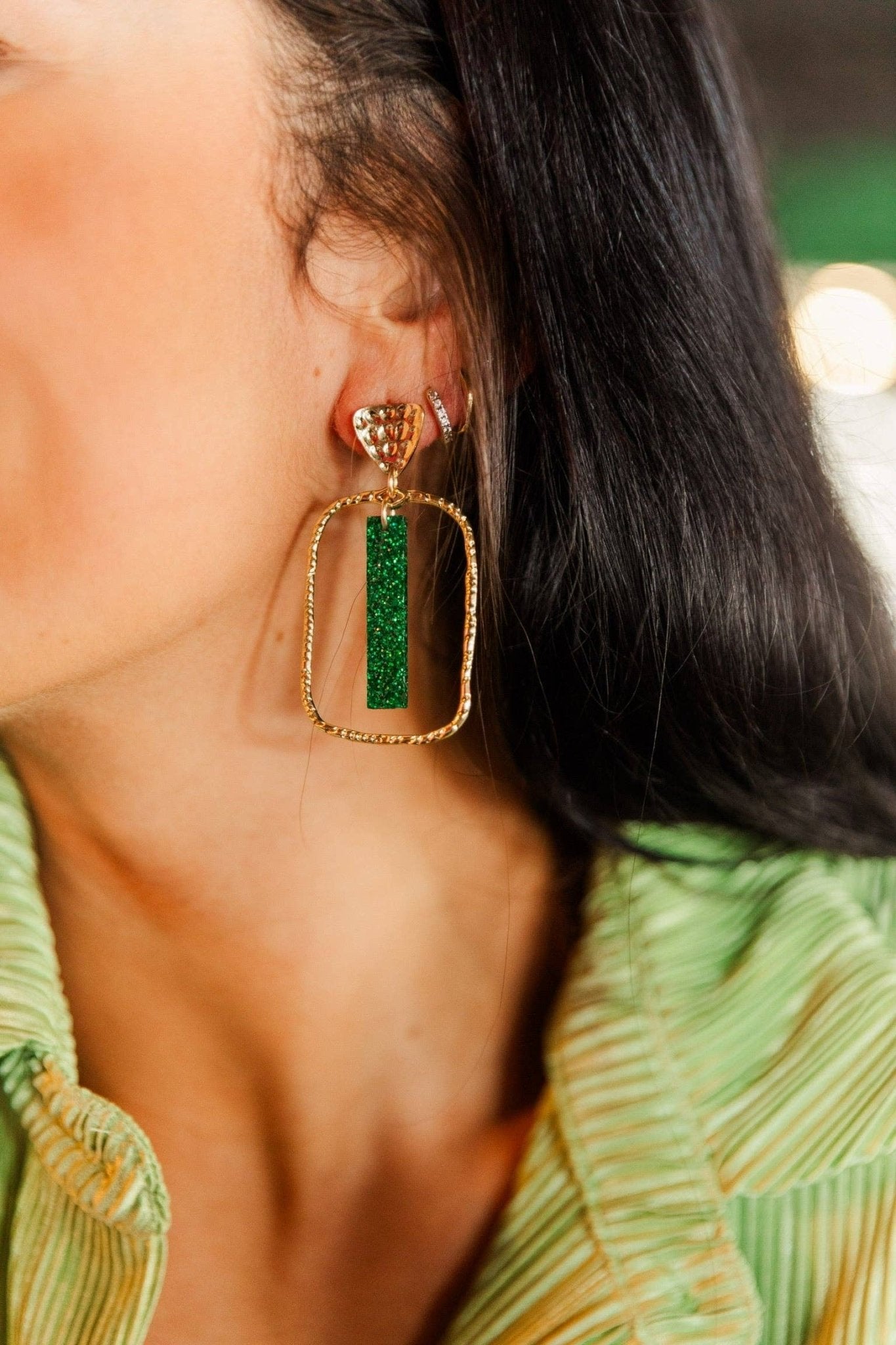 Holiday Rectangle Stick Hoops: Green Glitter - Mercantile213