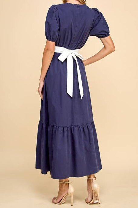 Navy Maxi w/White Tie Waist Band - Mercantile213