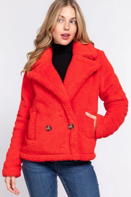 Notched Collar Sherpa Jacket - Red - Mercantile213