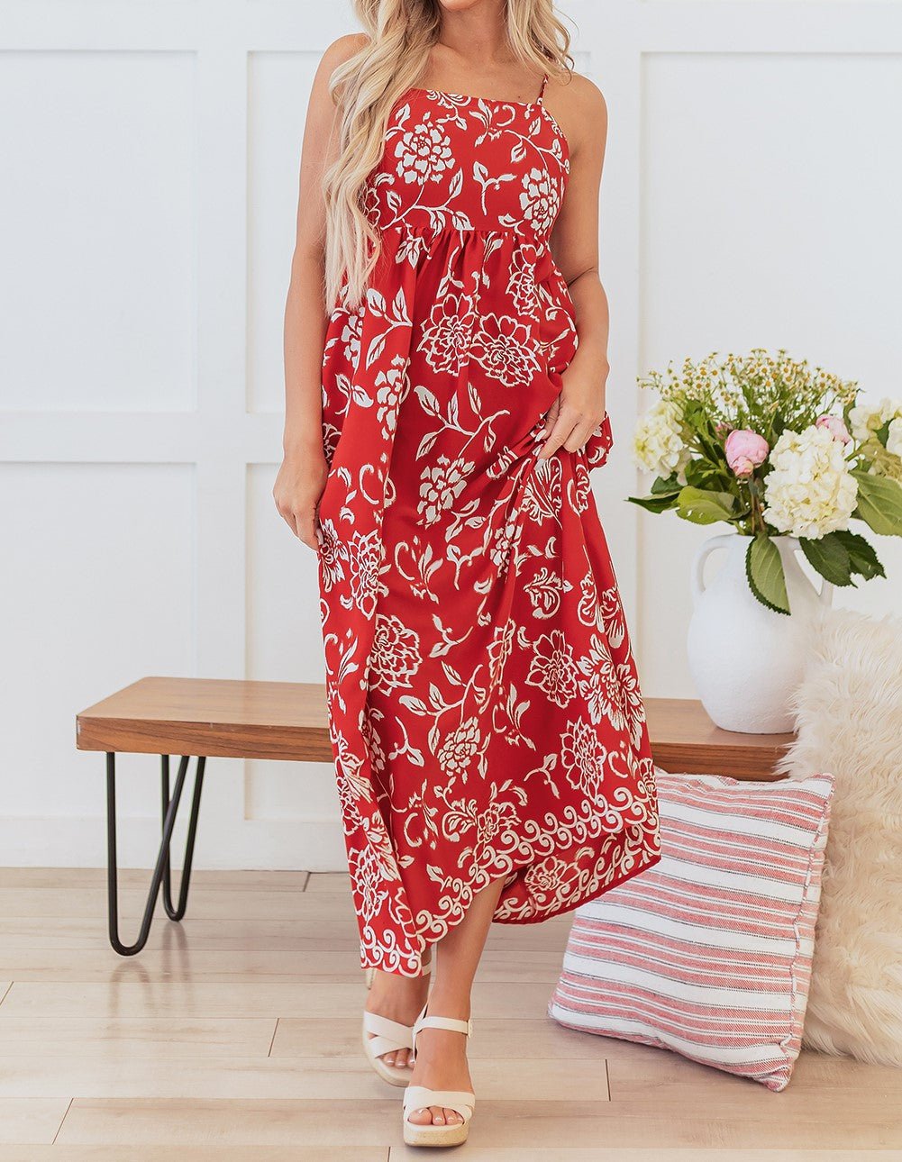 Red Floral Spaghetti Strap Dress - Mercantile213