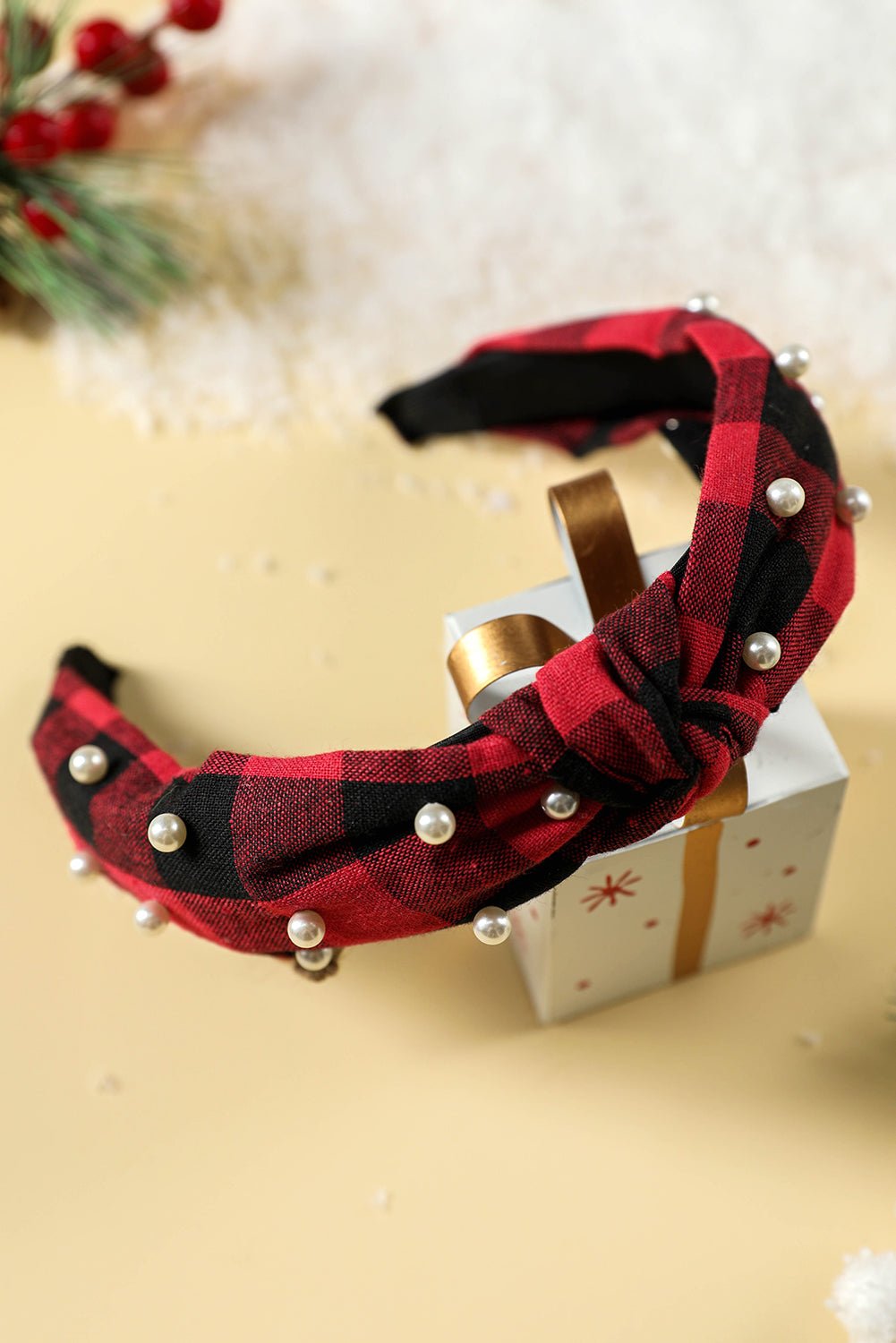 Red Plaid/Pearl Headband - Mercantile213