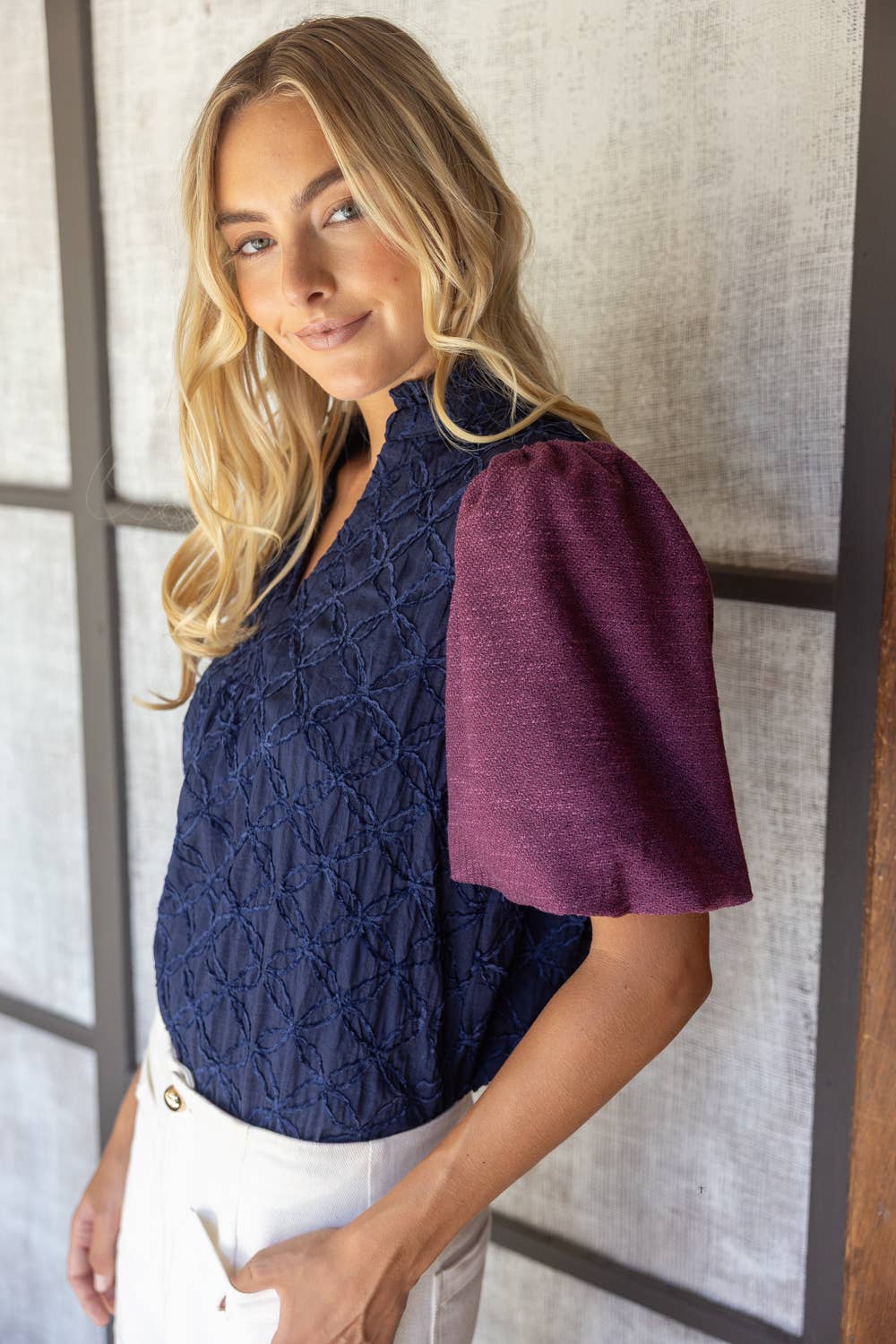 Navy Bubble Sleeve Blouse