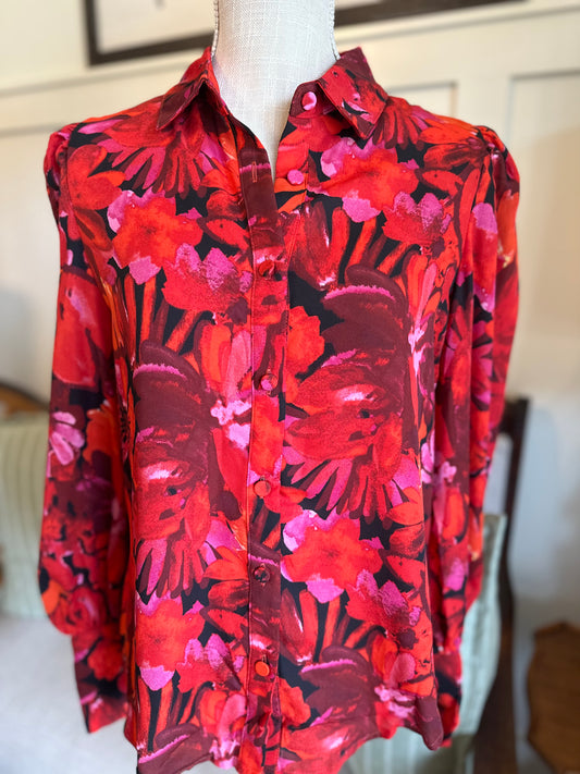 Red Floral Lantern Sleeve Blouse