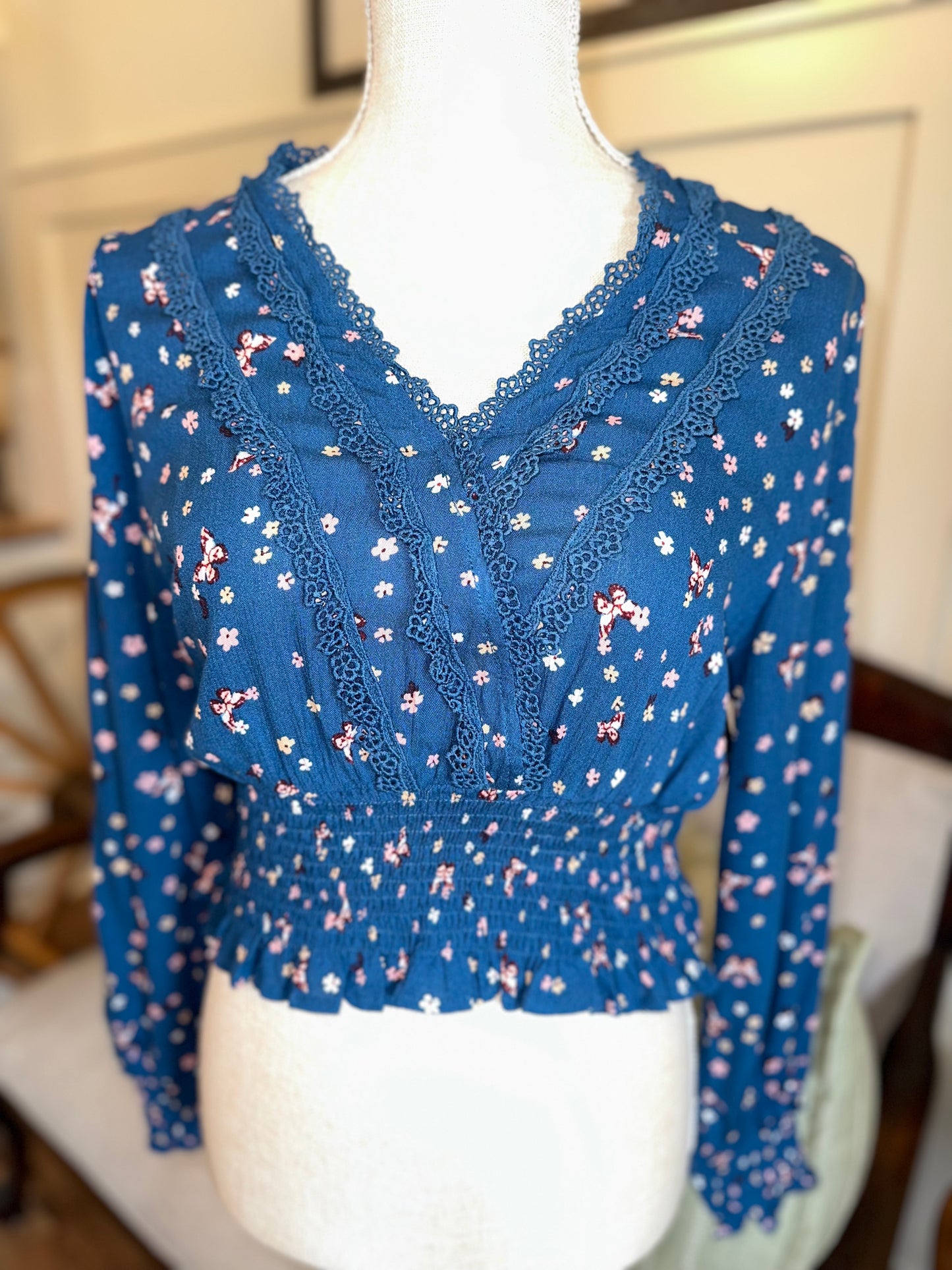 Blue Floral Smocked Top