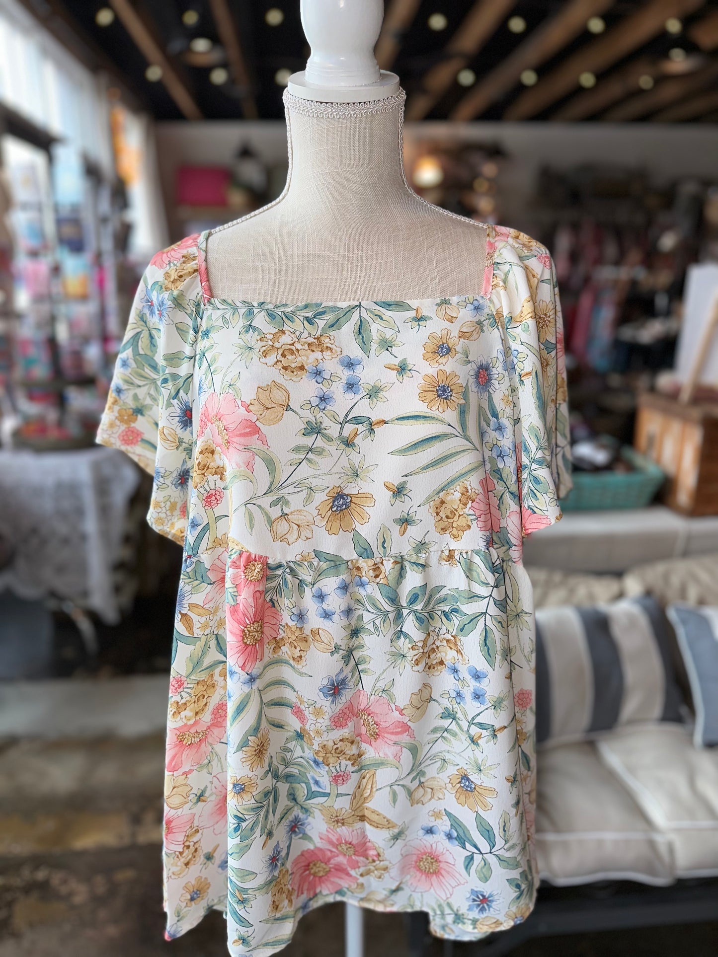 Cream Floral Square Neck Top