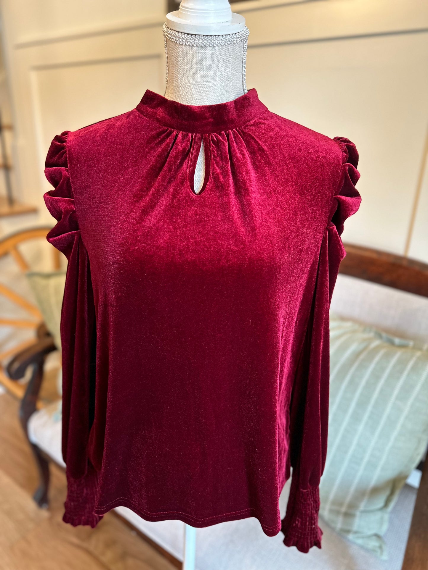 Velvet Lantern Sleeve Blouse- Wine