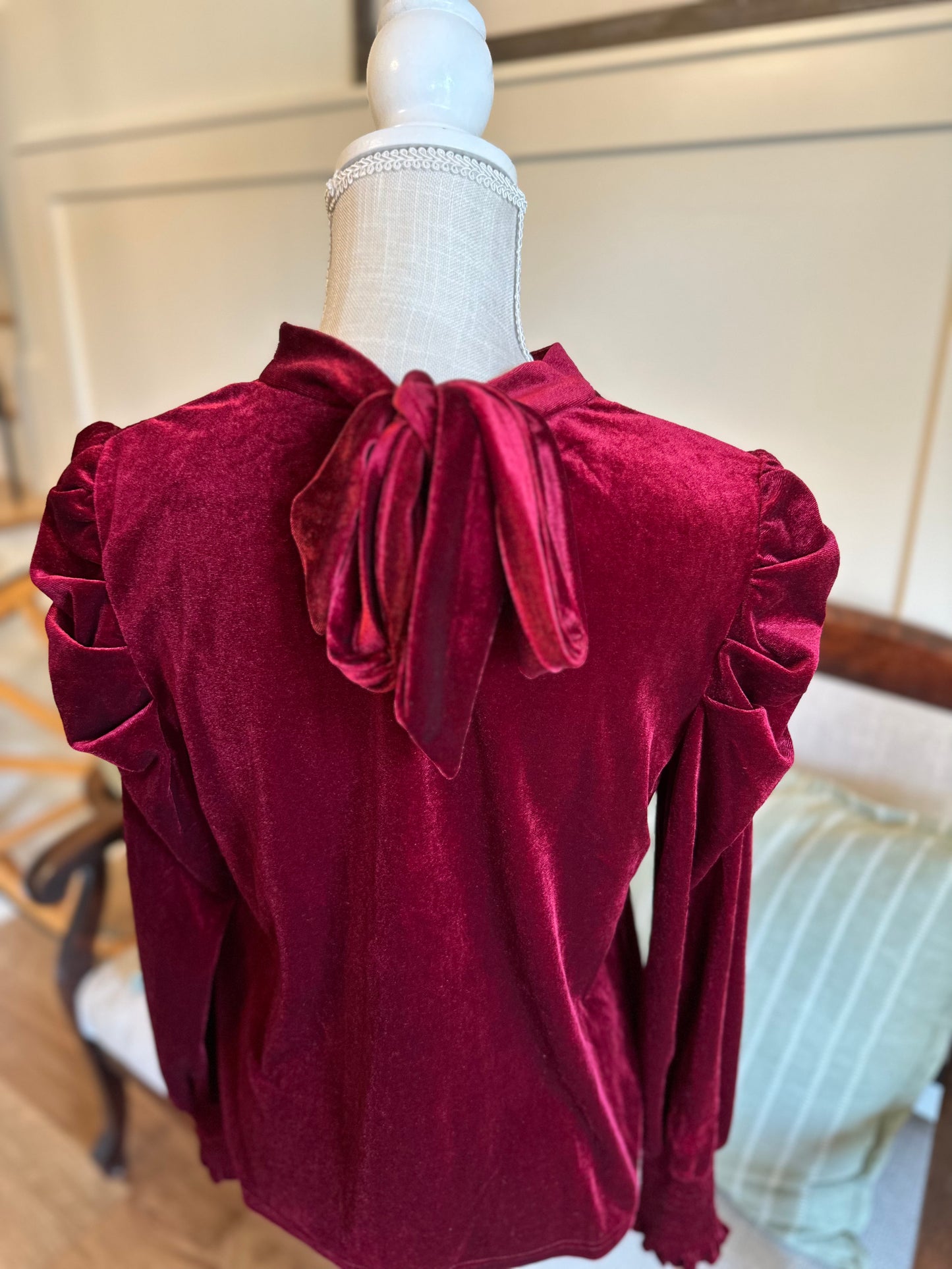 Velvet Lantern Sleeve Blouse- Wine