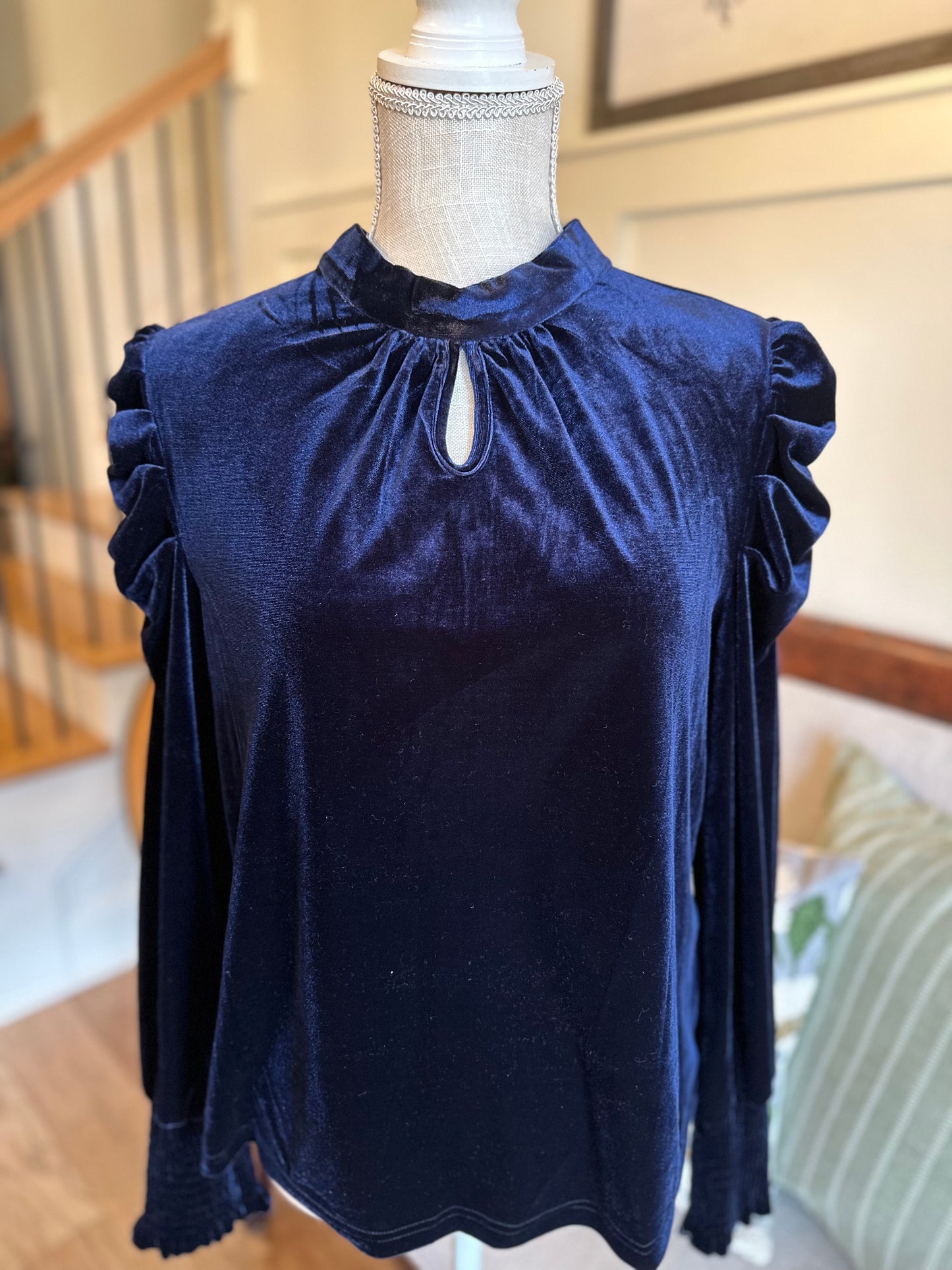 Velvet Puff Sleeve Blouse- Navy