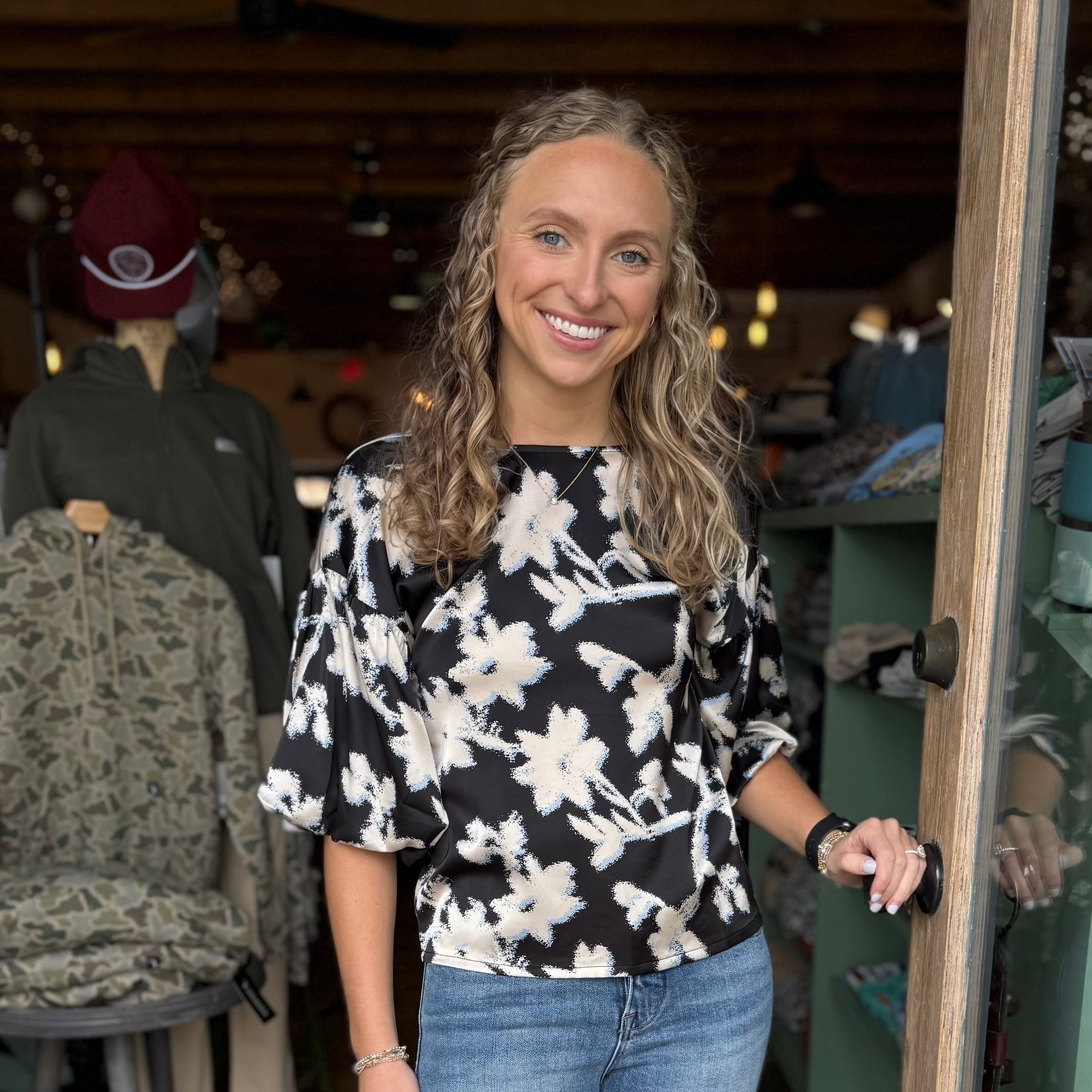 Tan/Black Floral Print Round Neckline Top