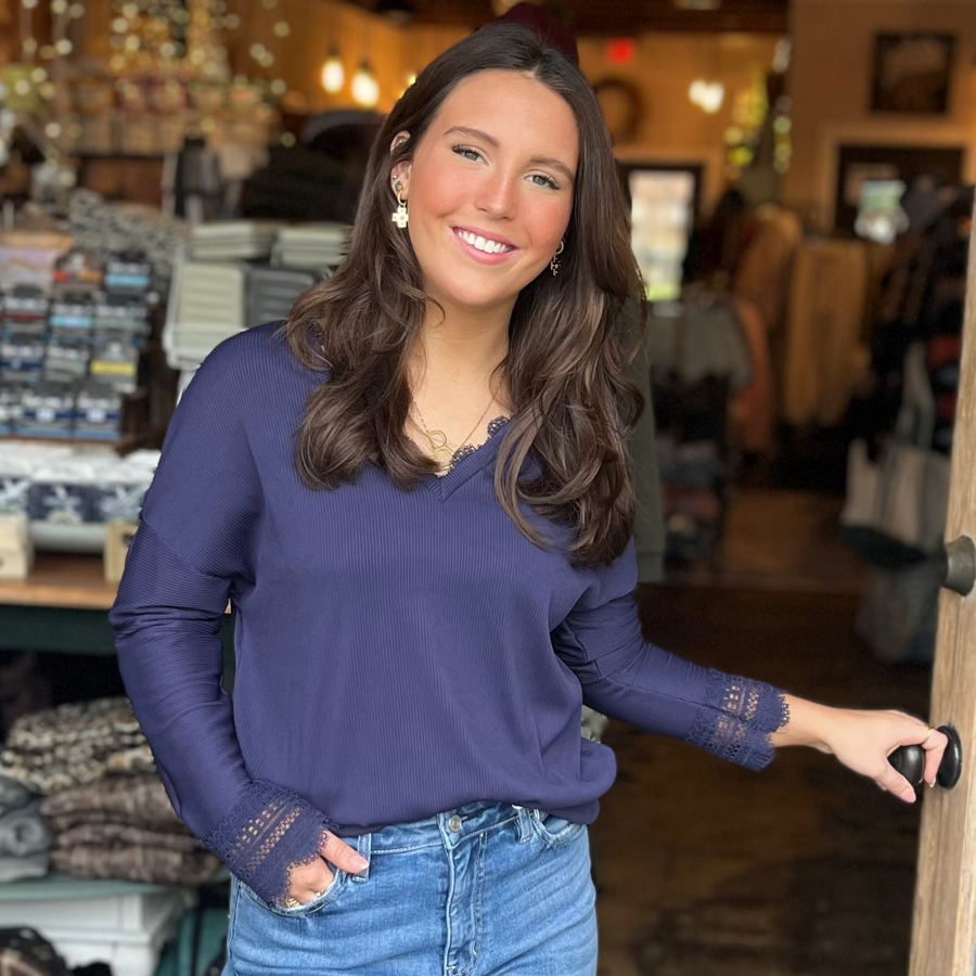 Navy V Neck Ribbed Top