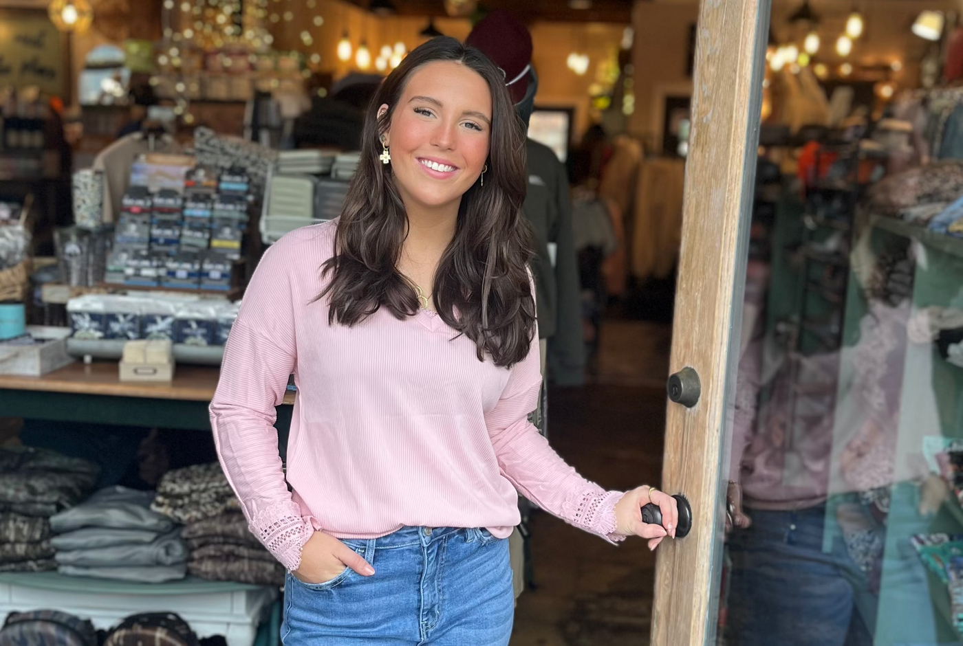 Pink V Neck Ribbed Top