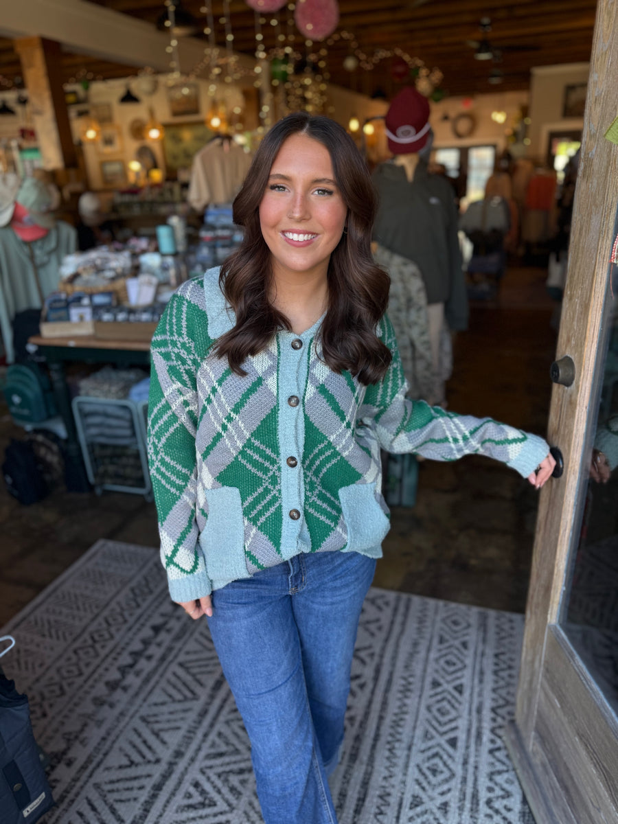 Open Front Sweater Cardigan- Green/Grey Plaid