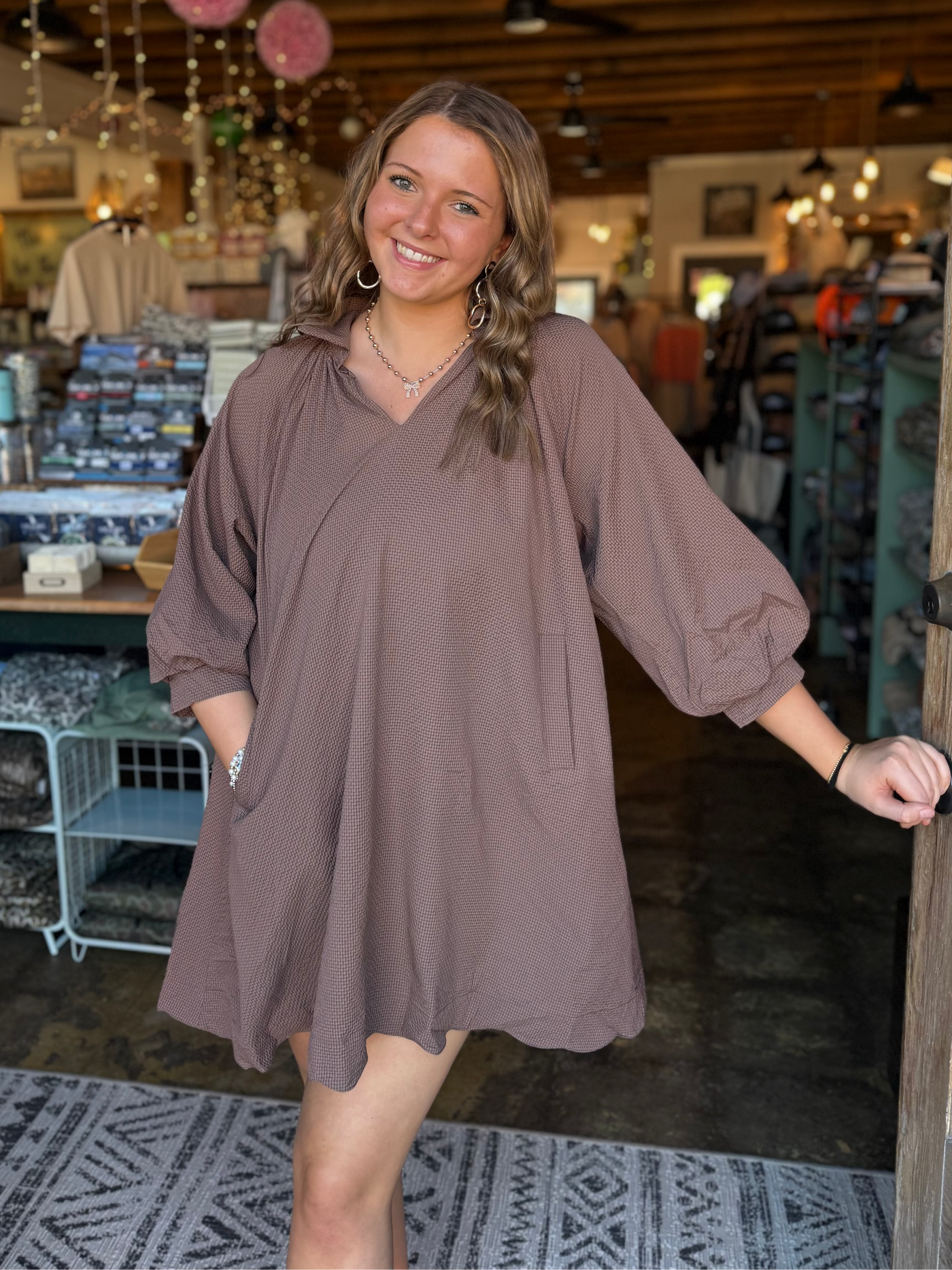Brown VNeck Puff Sleeve Dress