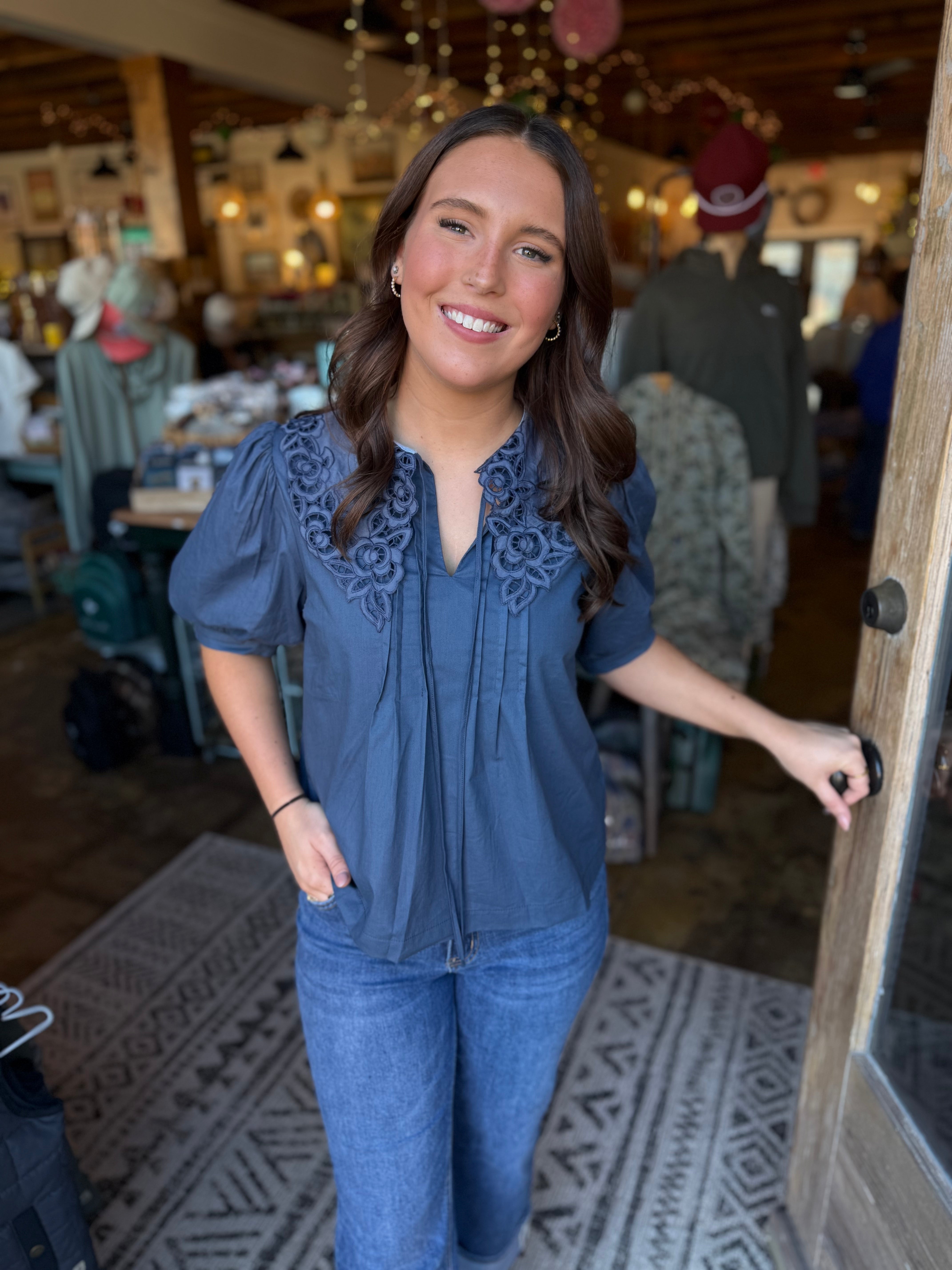 Embroidered Collar Top- Navy