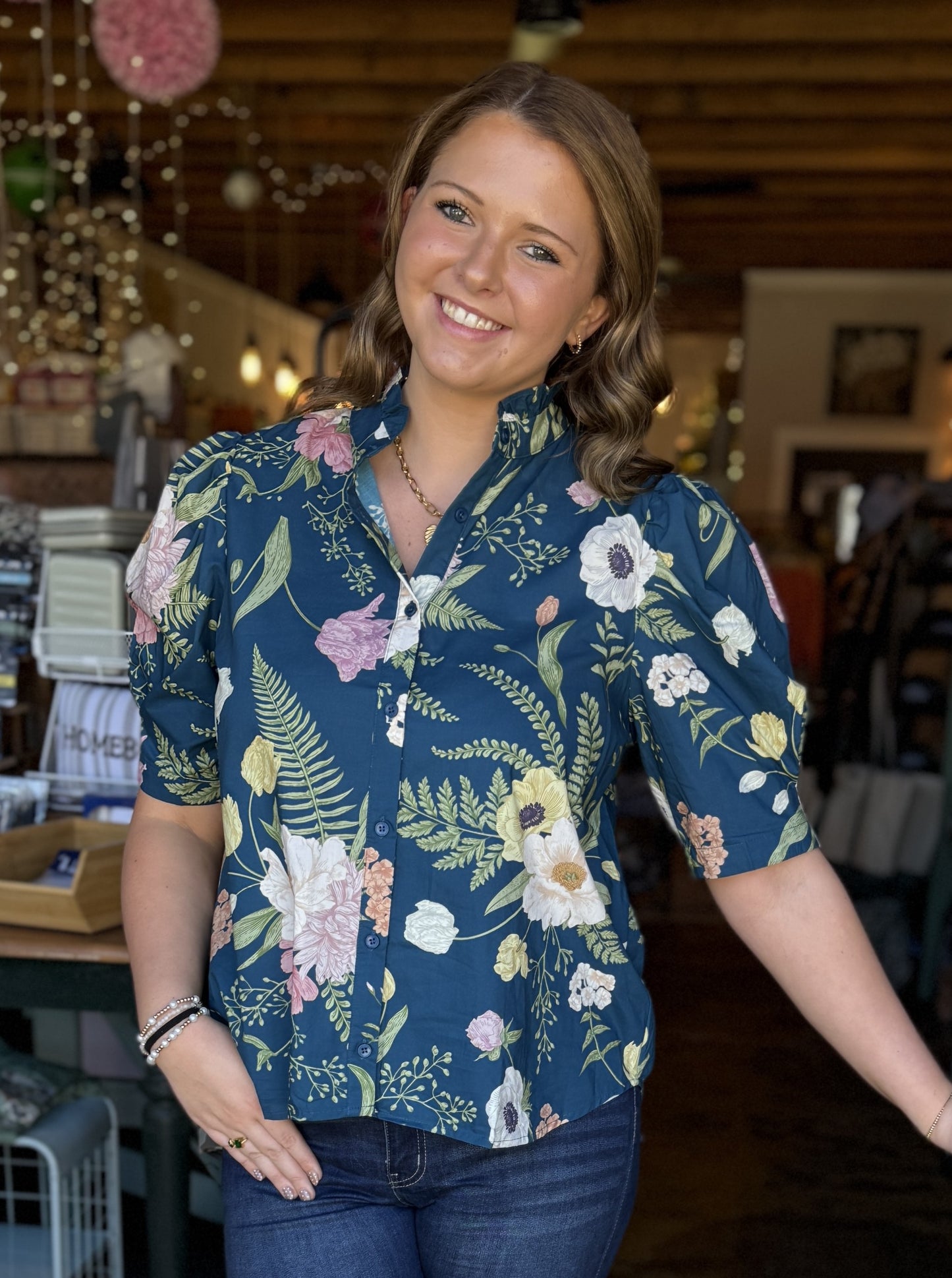 Teal Floral Print Button Down Blouse