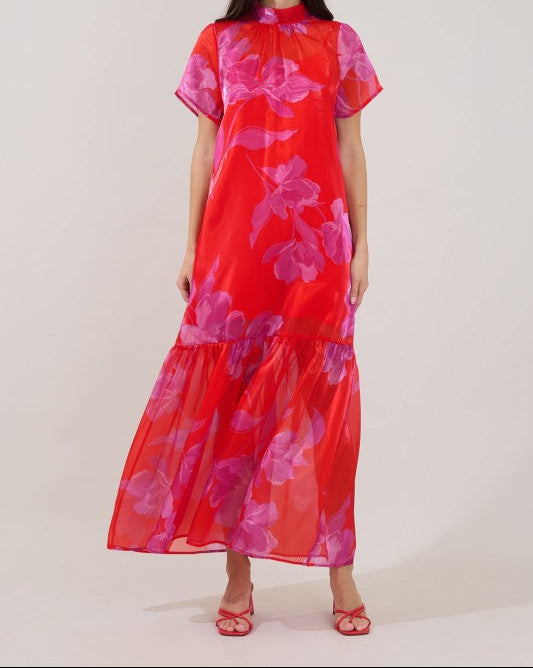 Organza Floral Mockneck Maxi Dress- Red