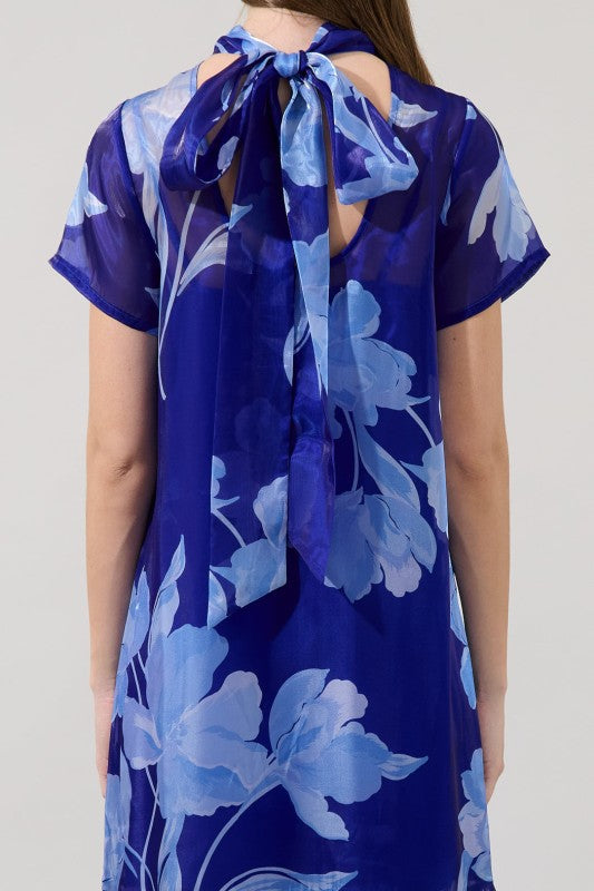 Organza Floral Mockneck Maxi Dress- Navy