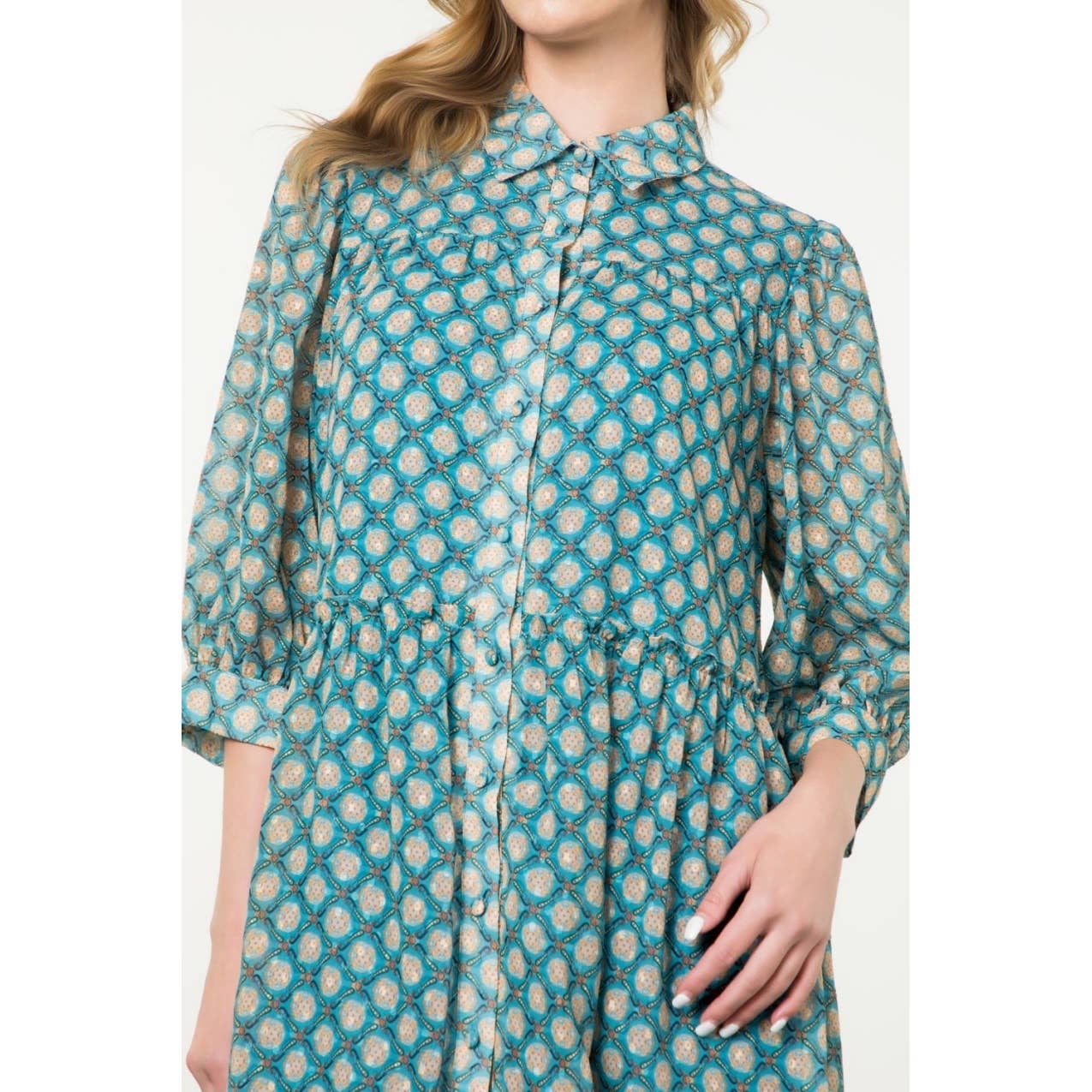 Teal Sheer Printed Ruffle Hem Button Dress