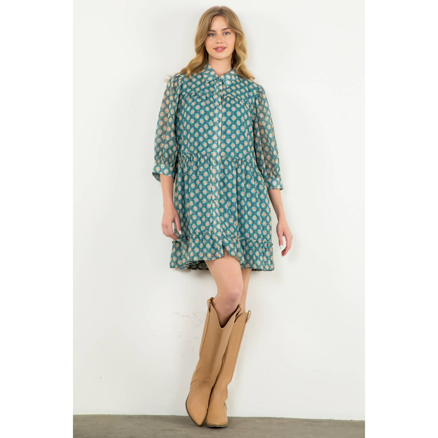 Teal Sheer Printed Ruffle Hem Button Dress