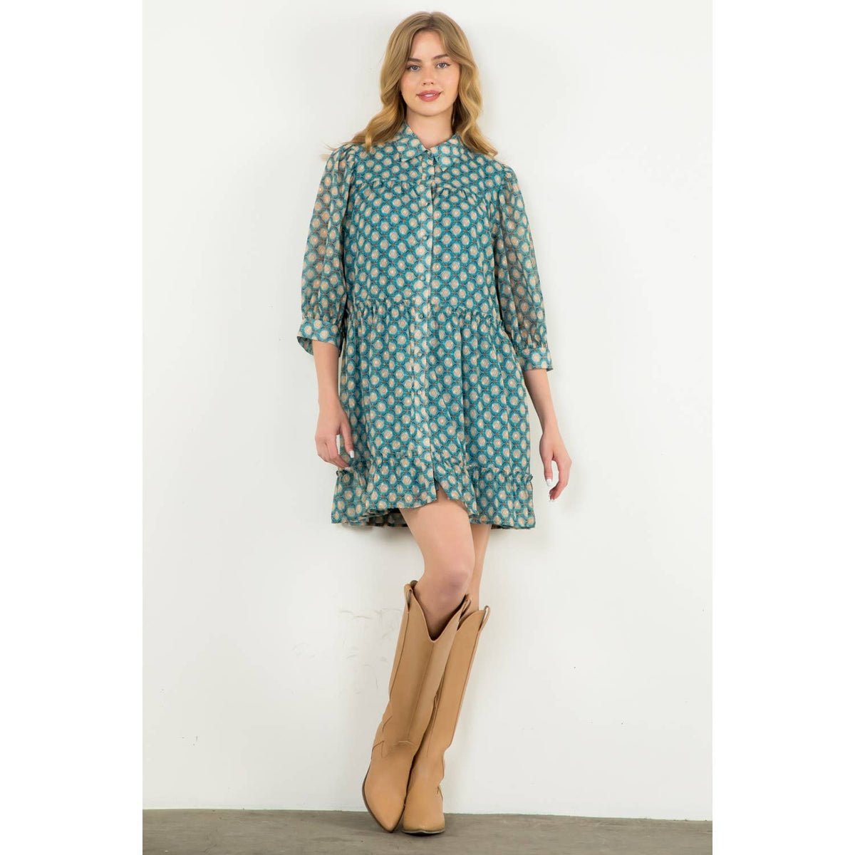 Teal Sheer Printed Ruffle Hem Button Dress