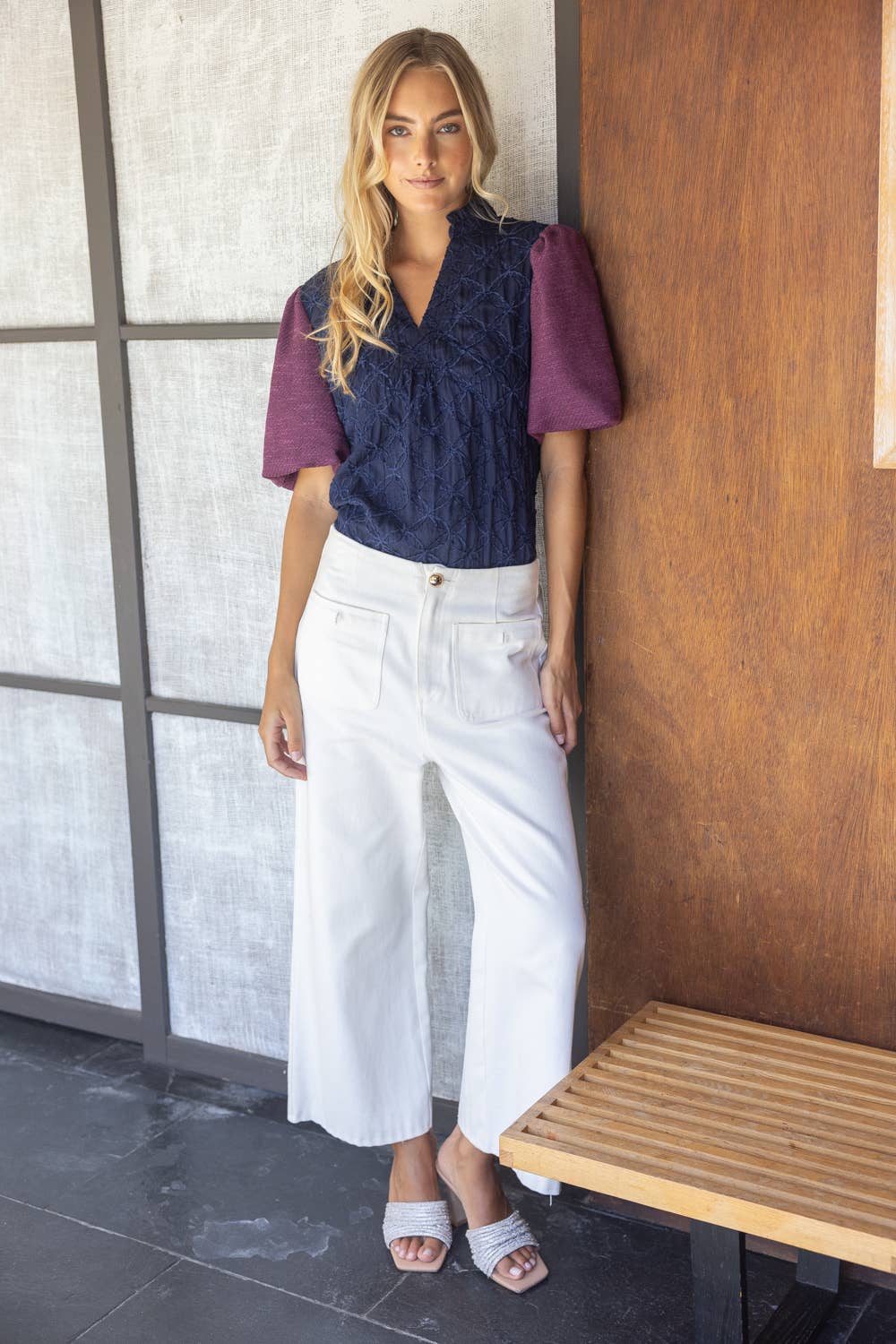 Navy Bubble Sleeve Blouse