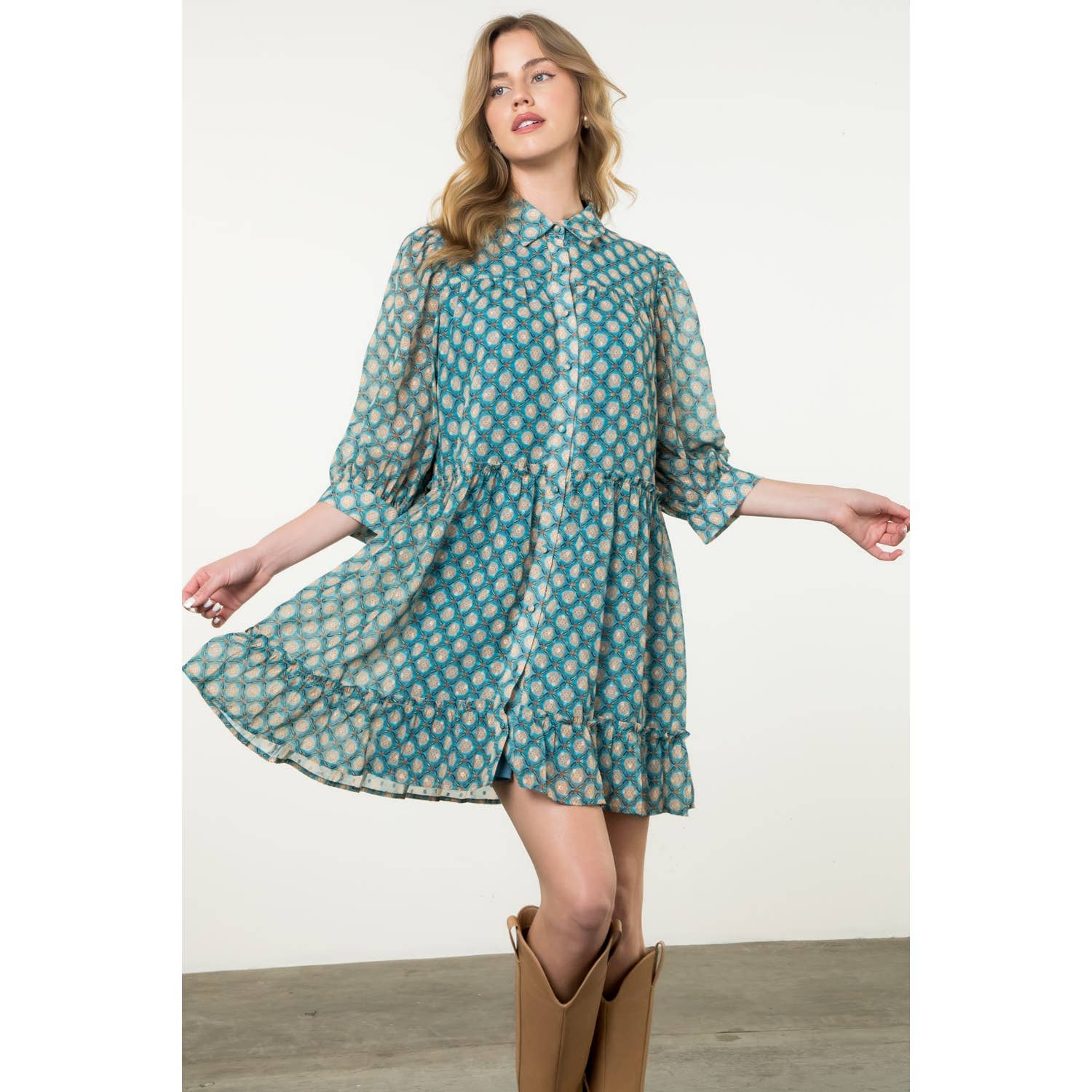 Teal Sheer Printed Ruffle Hem Button Dress