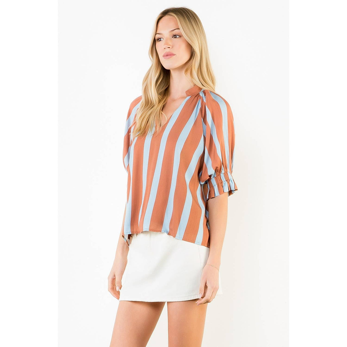 Brown/Blue  V-Neck Top