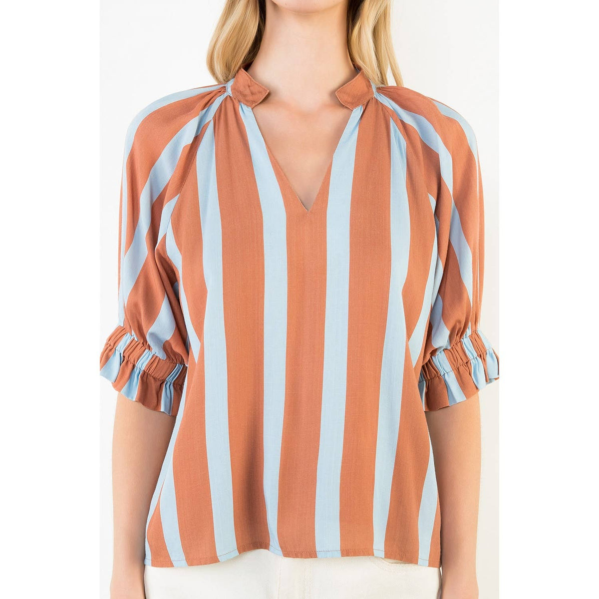 Brown/Blue  V-Neck Top