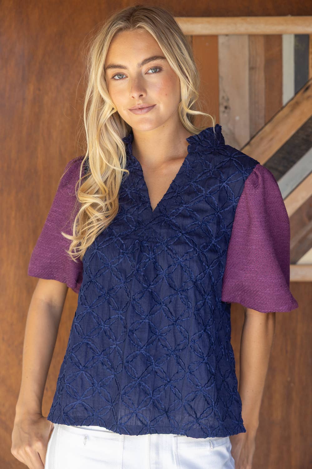Navy Bubble Sleeve Blouse
