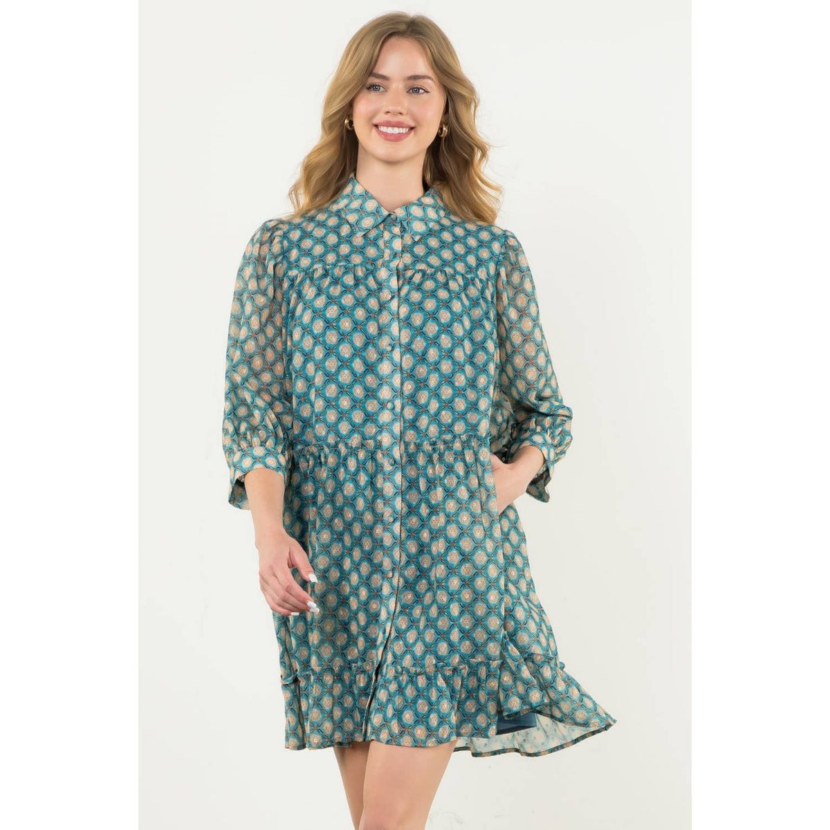 Teal Sheer Printed Ruffle Hem Button Dress