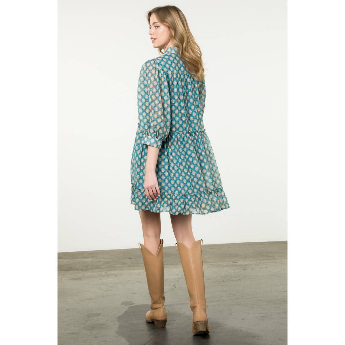 Teal Sheer Printed Ruffle Hem Button Dress