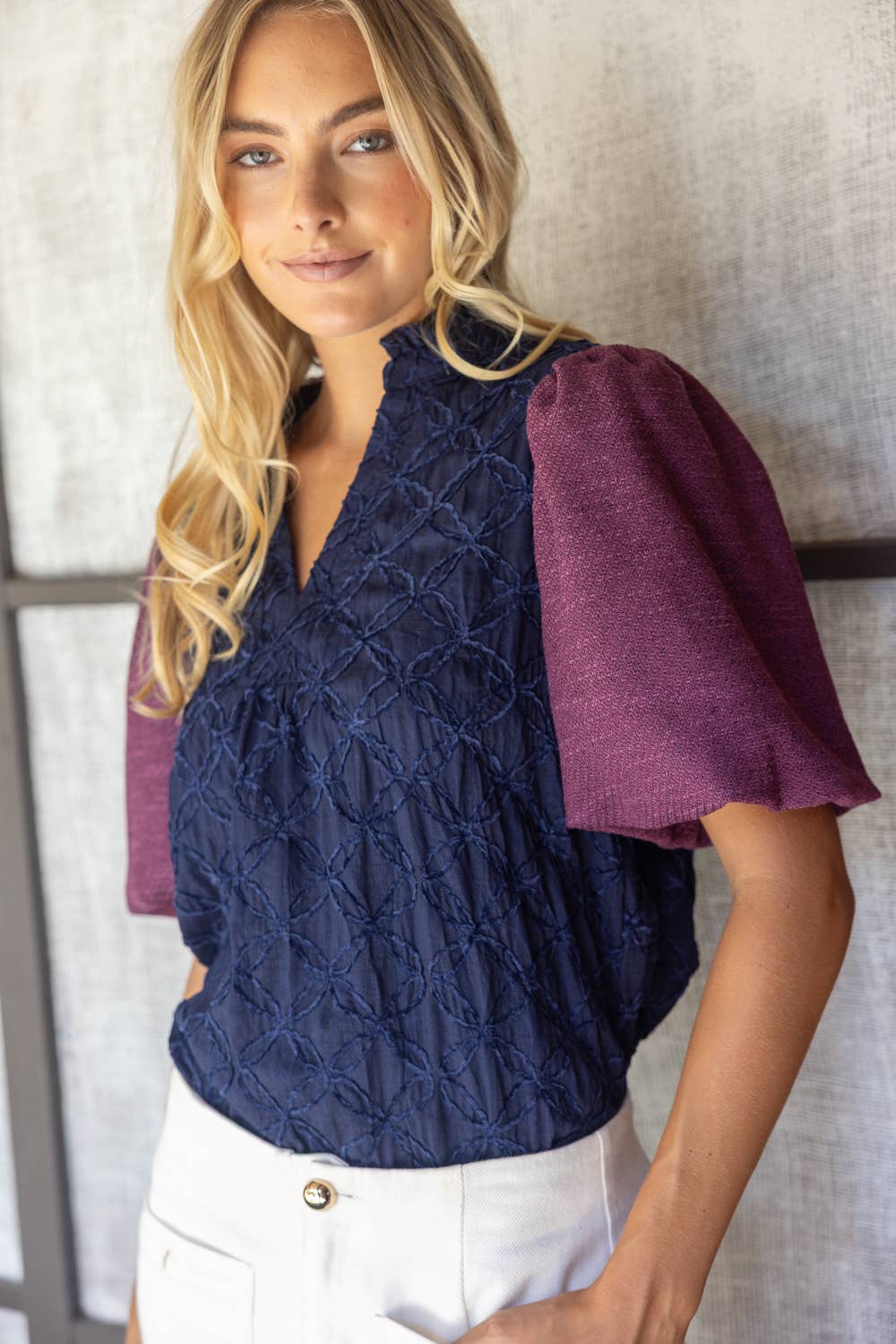 Navy Bubble Sleeve Blouse