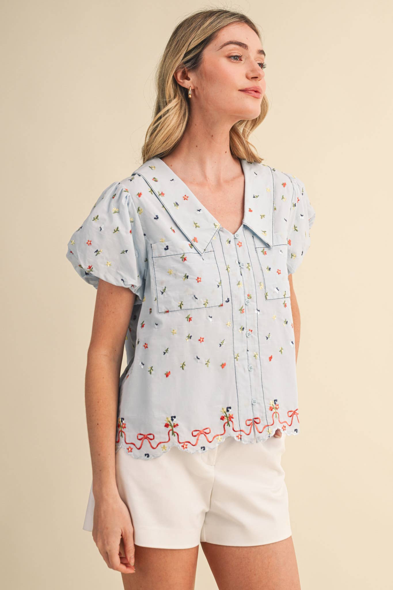 Blue Embroidered Bubble Sleeve Top