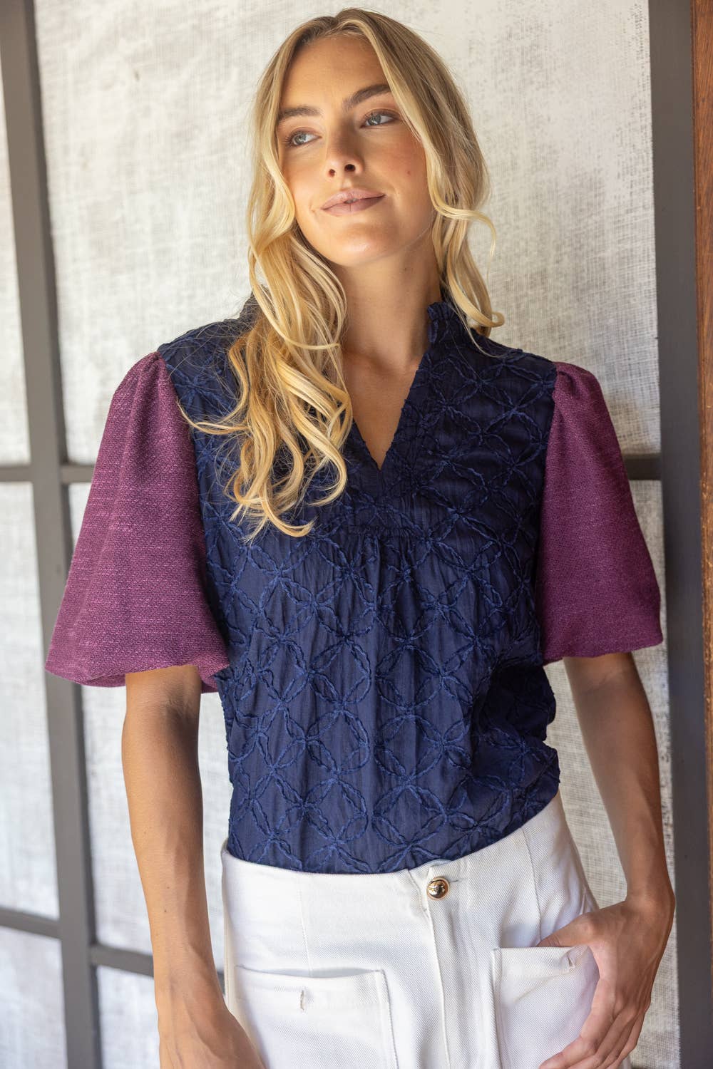 Navy Bubble Sleeve Blouse