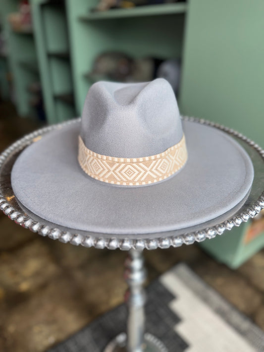 Gray Felt Wide Brim Fedora with Aztec Embroidery