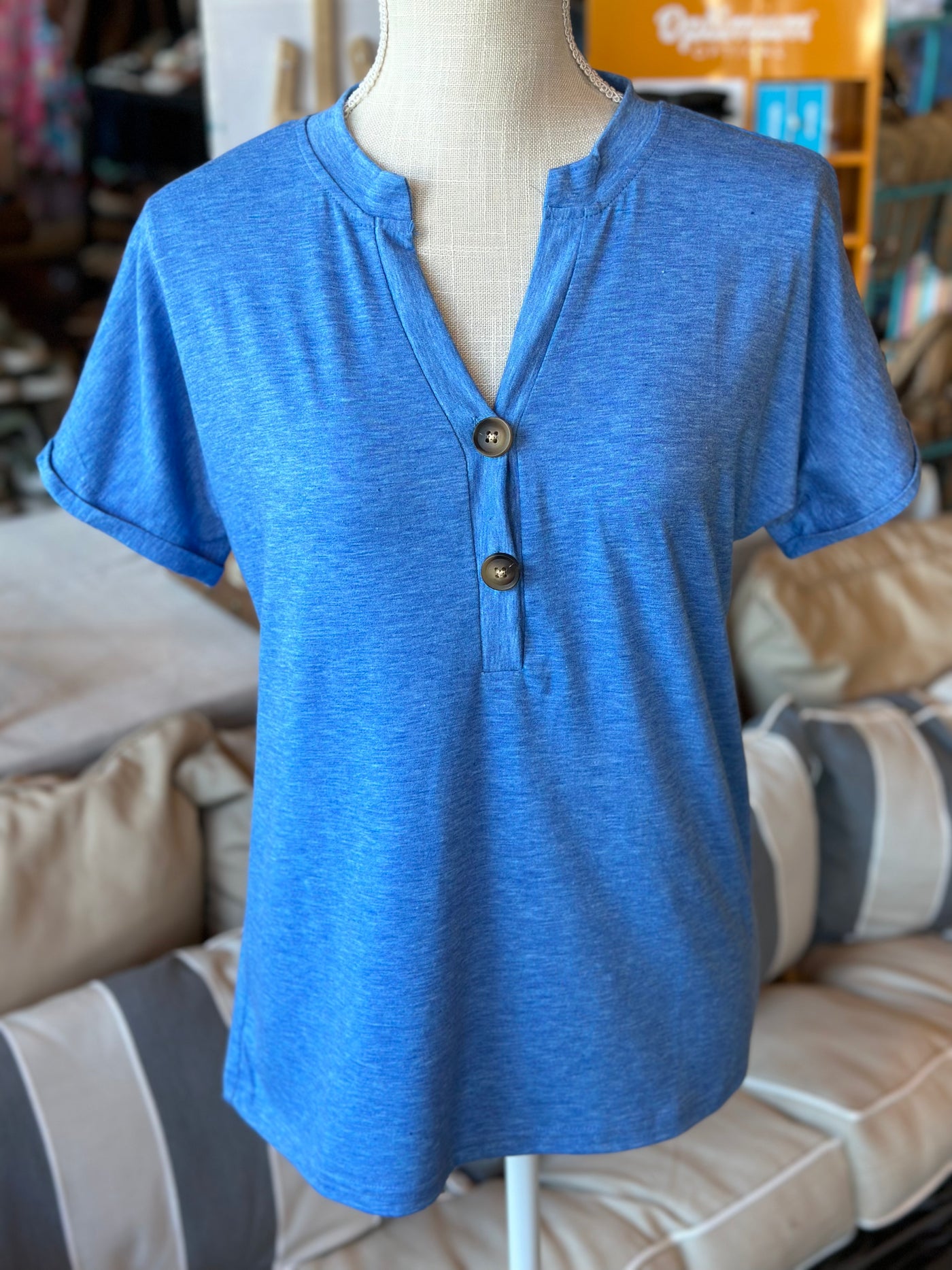Blue Button V Neck