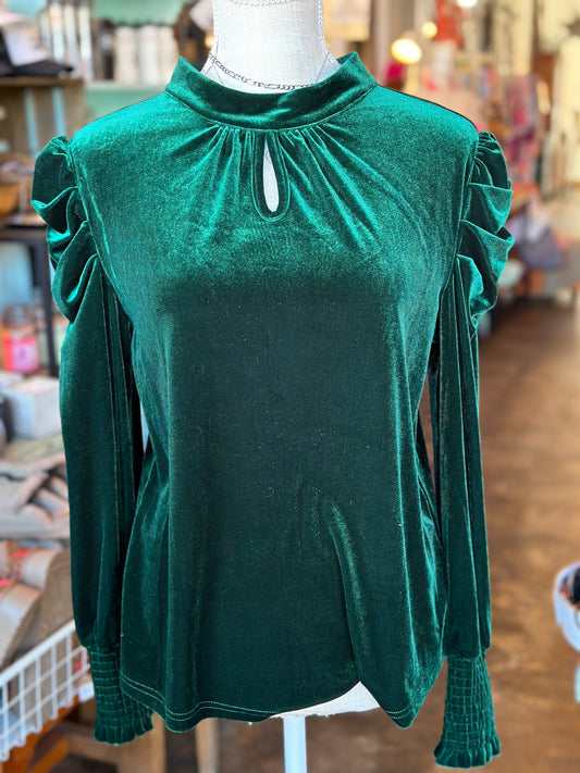 Velvet Lantern Sleeve Blouse- Green