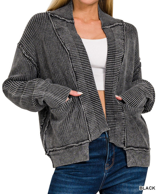 Ribbed Vintage Wash Cardigan- Black