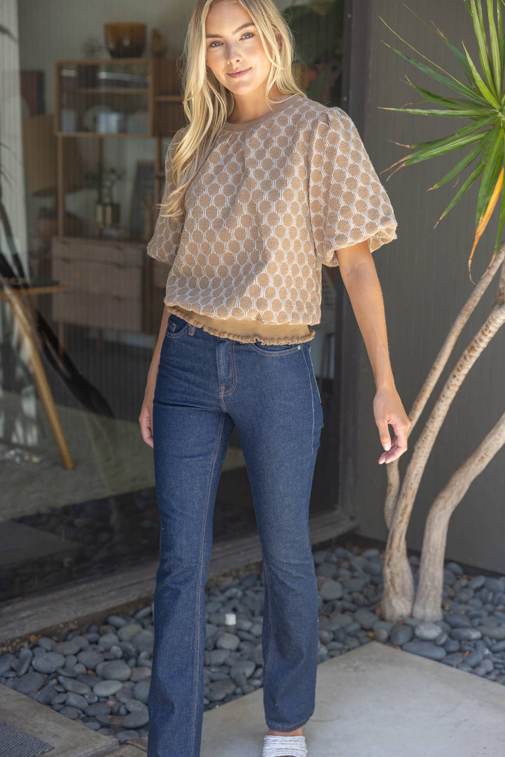 Mocha Banded Bubble Sleeve Top