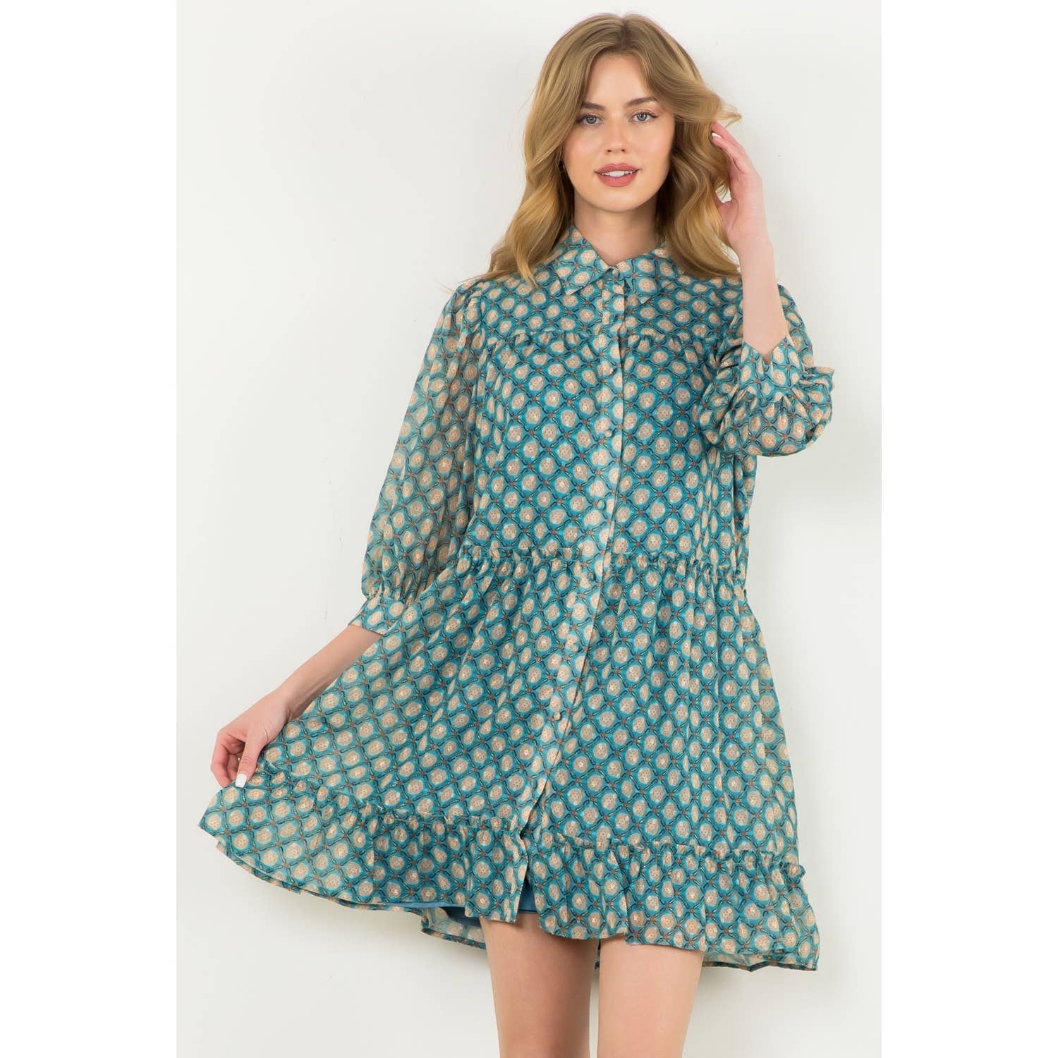 Teal Sheer Printed Ruffle Hem Button Dress