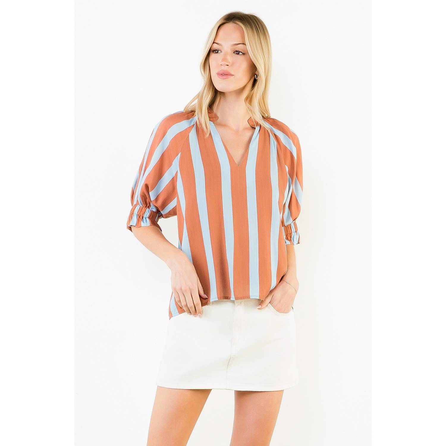 Brown/Blue  V-Neck Top