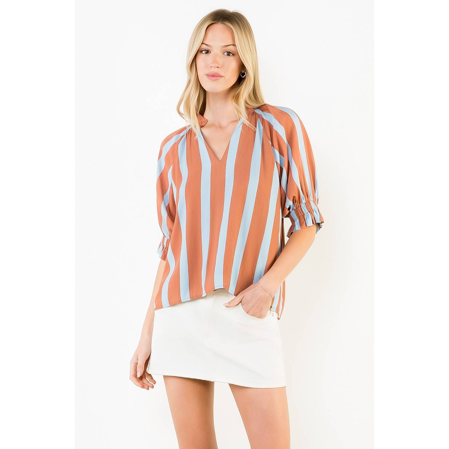 Brown/Blue  V-Neck Top