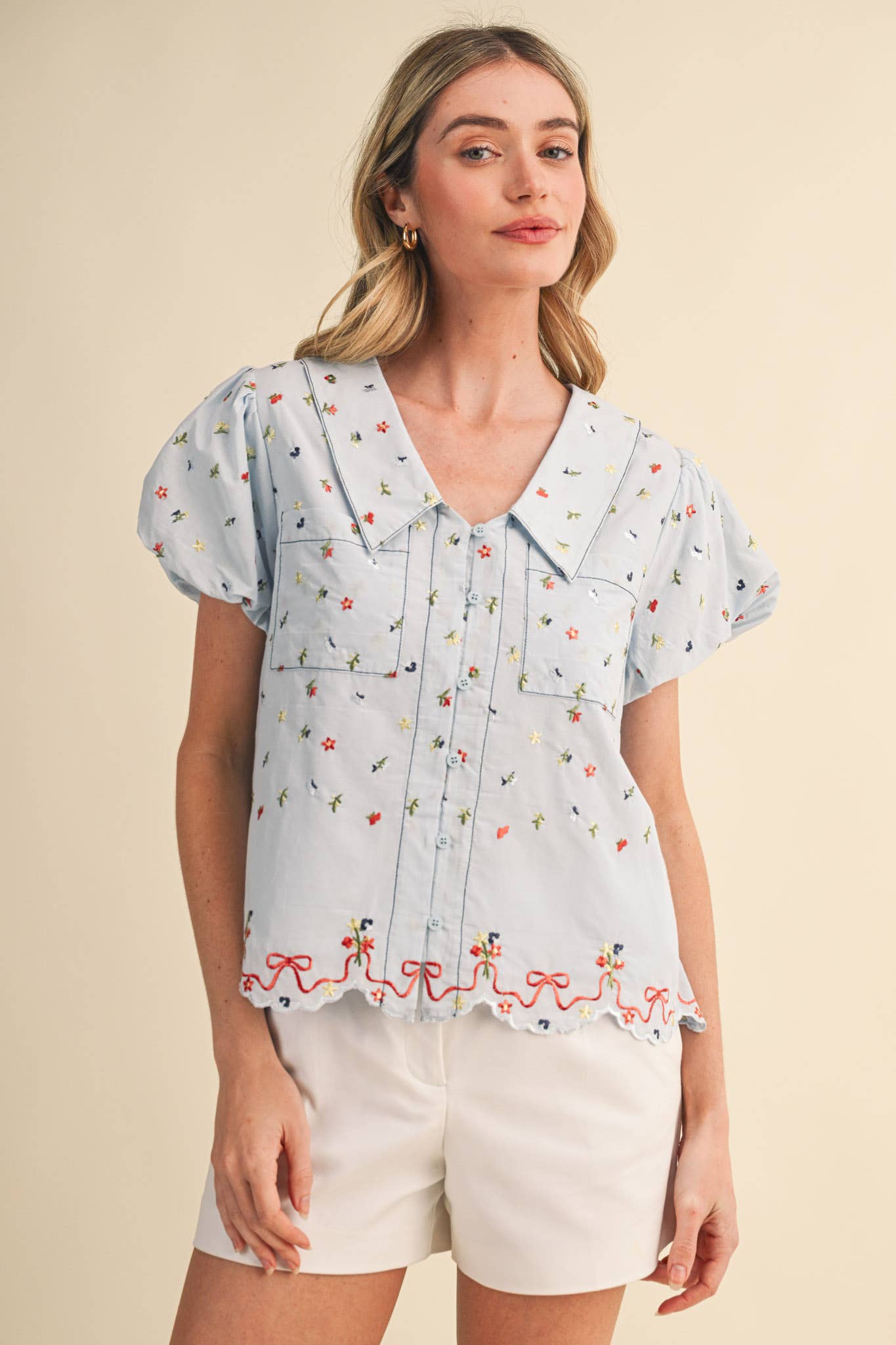 Blue Embroidered Bubble Sleeve Top