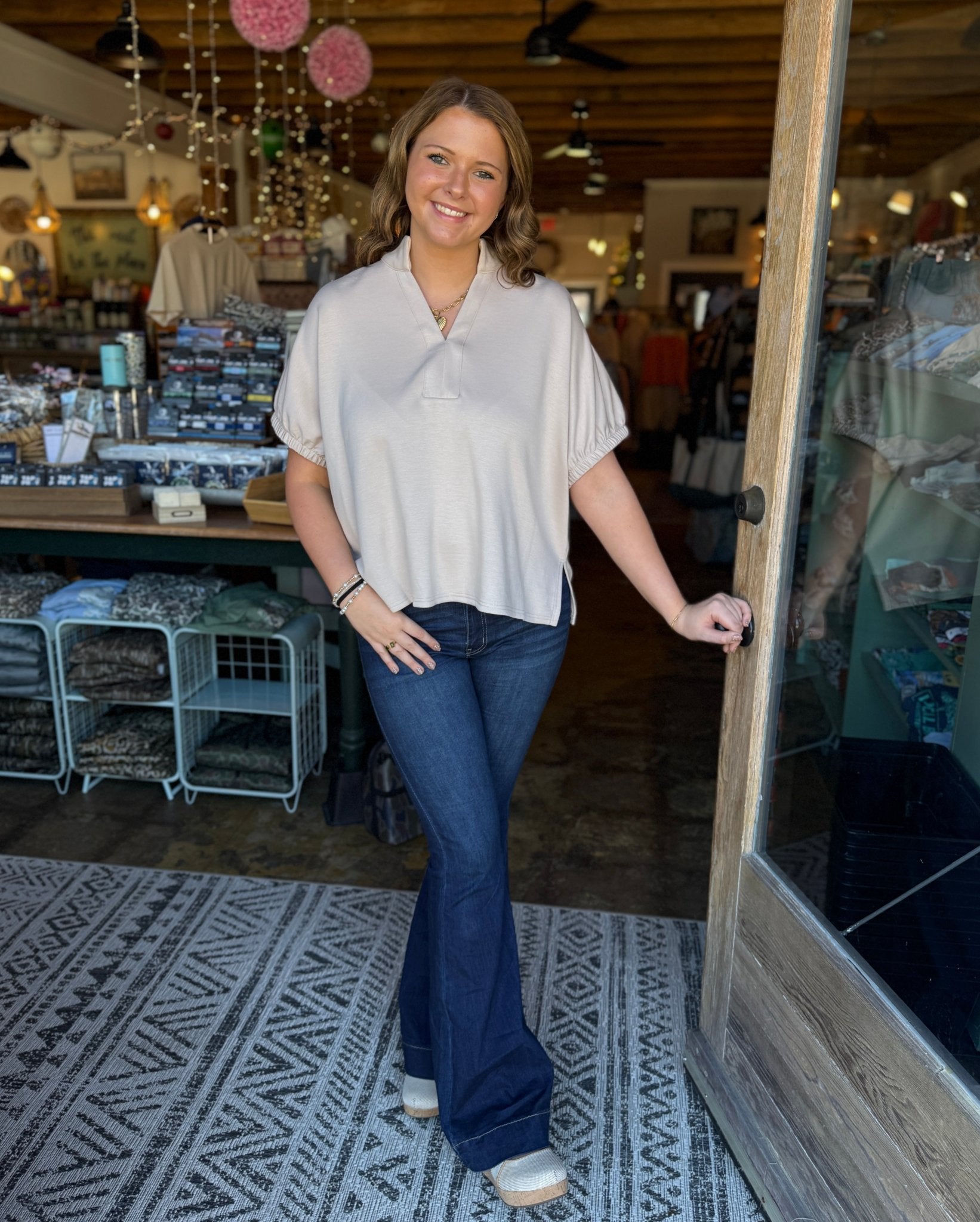 Almond VNeck Relaxed Fit Top - Mercantile213