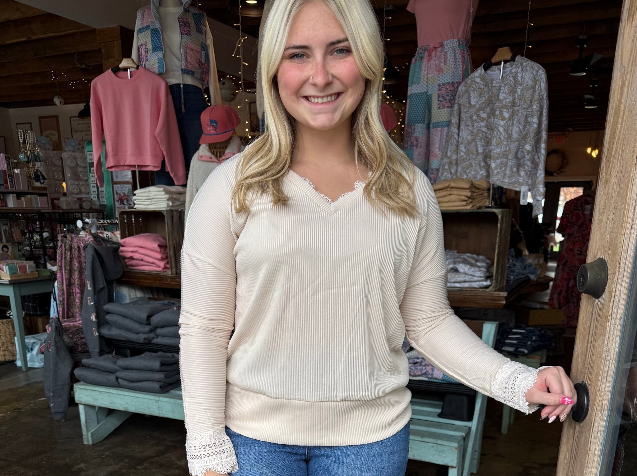 Apricot V Neck Ribbed Top - Mercantile213